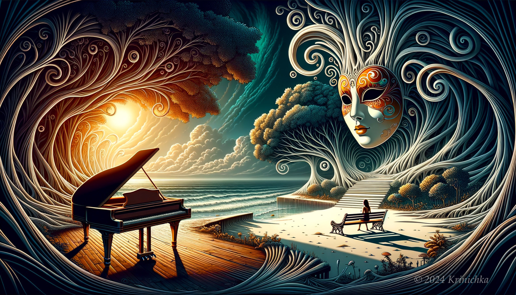 Surreal Illustration of Piano, Tree, Couple, and Waves