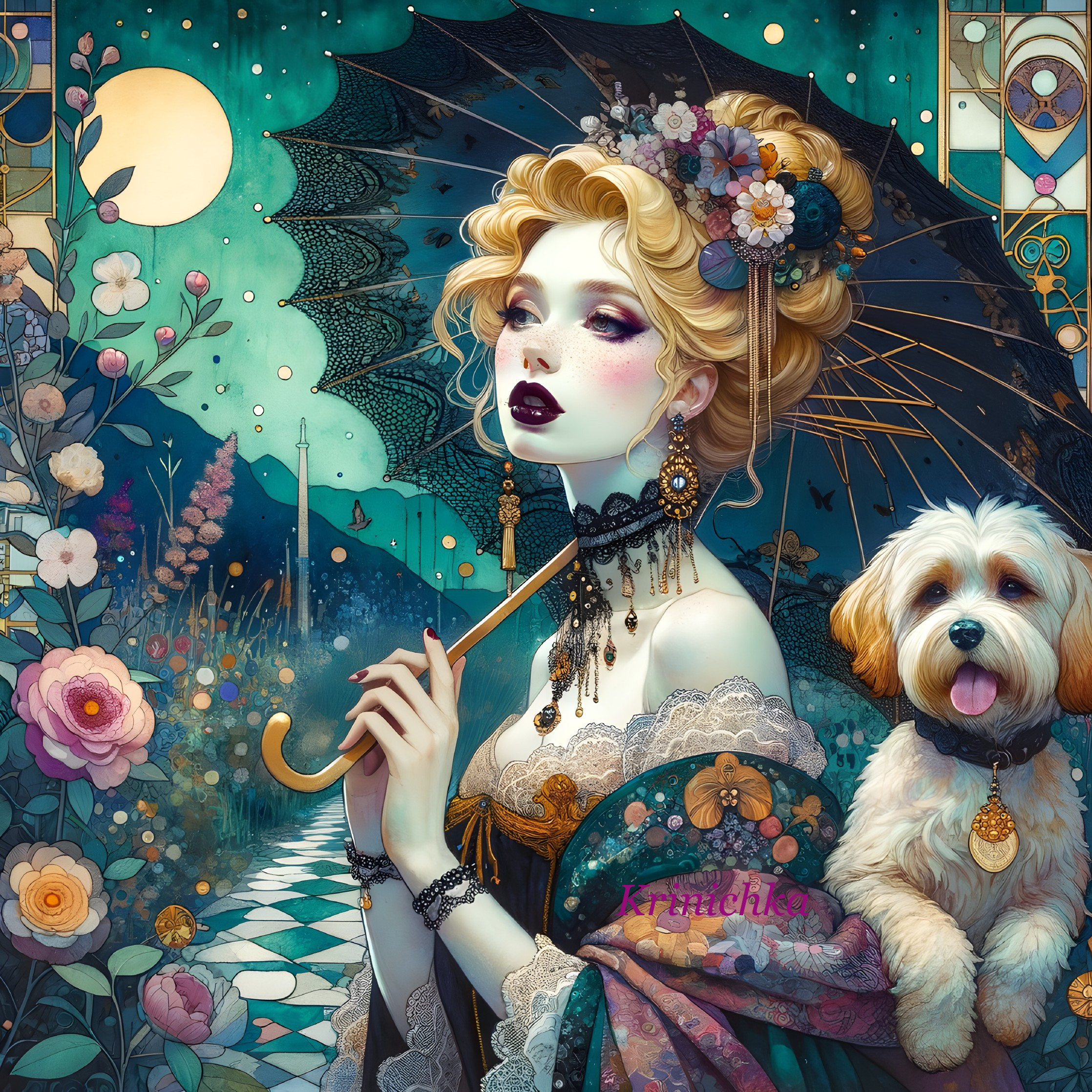 Illustrated woman with parasol and dog in vibrant floral night scene under glowing moon.