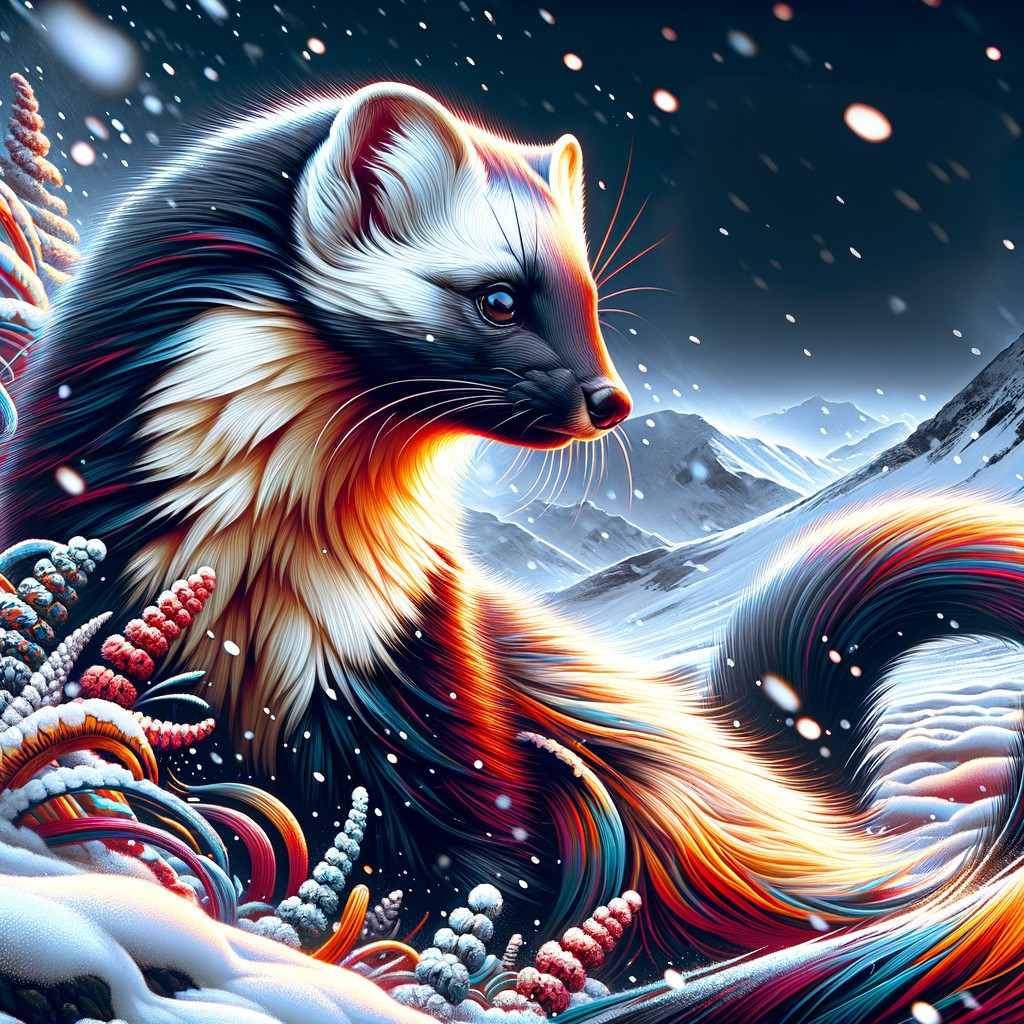 Colorful Ferret Artwork with Snowy Mountain Backdrop