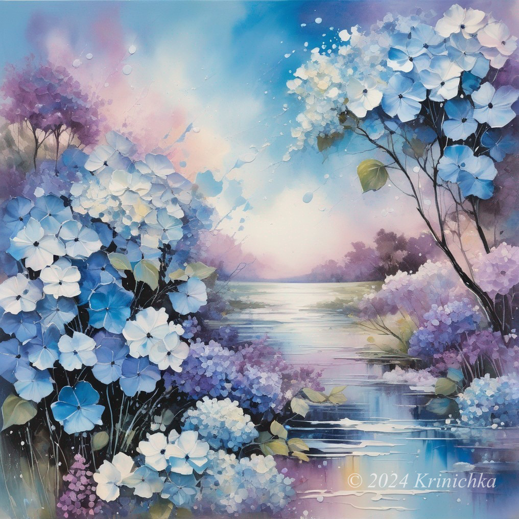 Serene Landscape with Blooming Hydrangeas and River