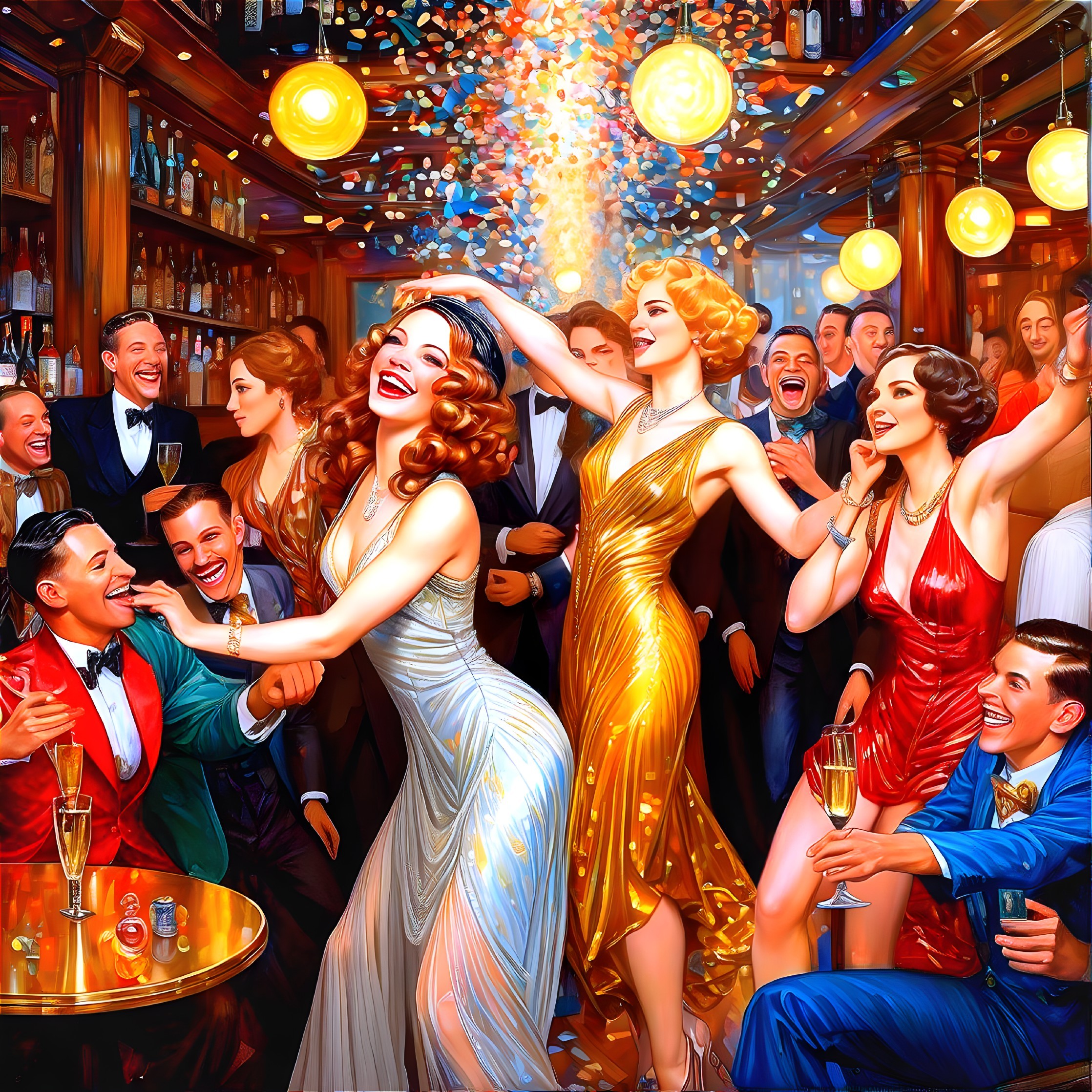Opulent party scene with elegantly dressed people dancing and toasting champagne
