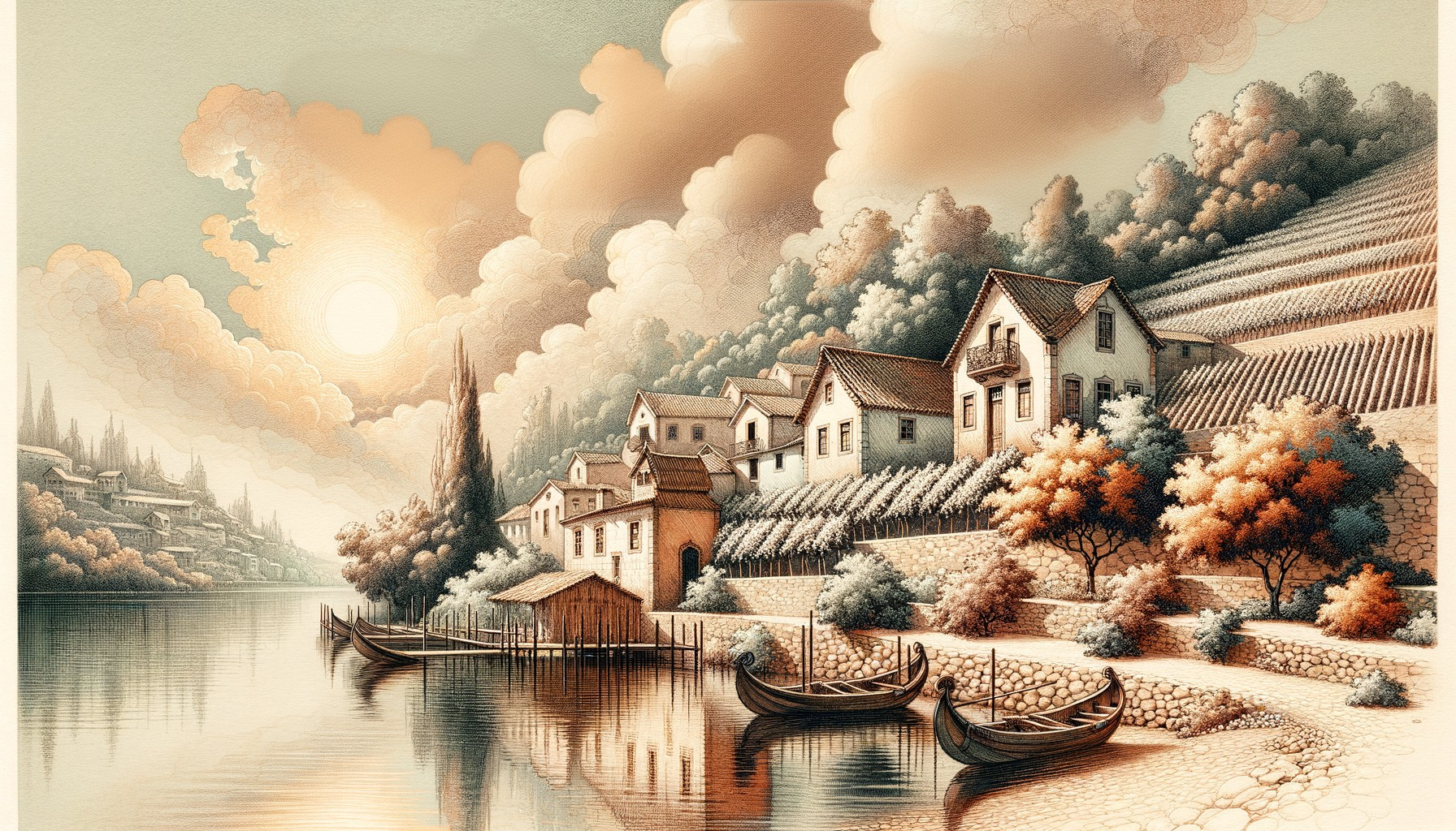Serene Riverside Landscape with Quaint Houses and Nature