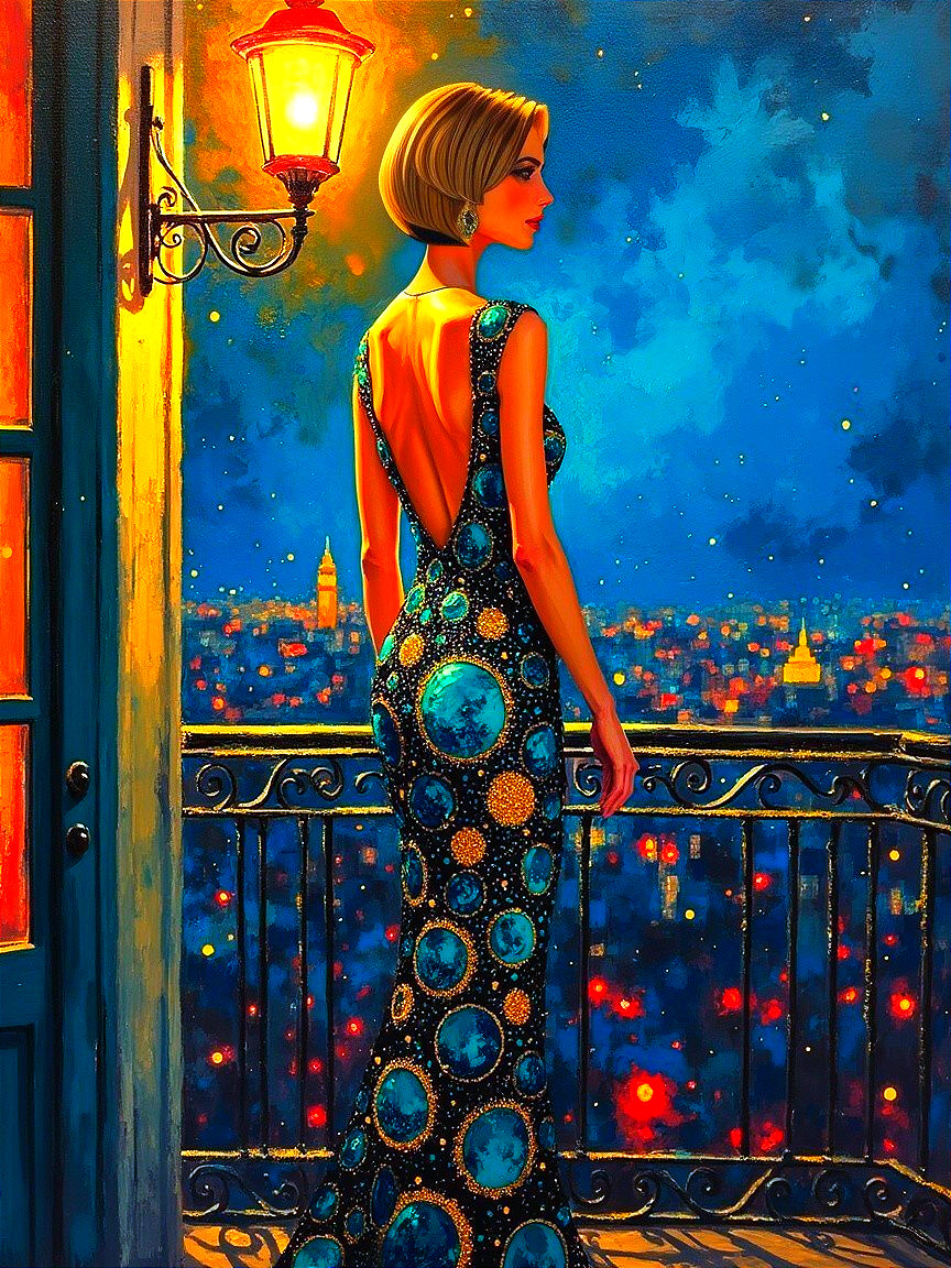Elegant Woman in Blue Gown Overlooking Cityscape
