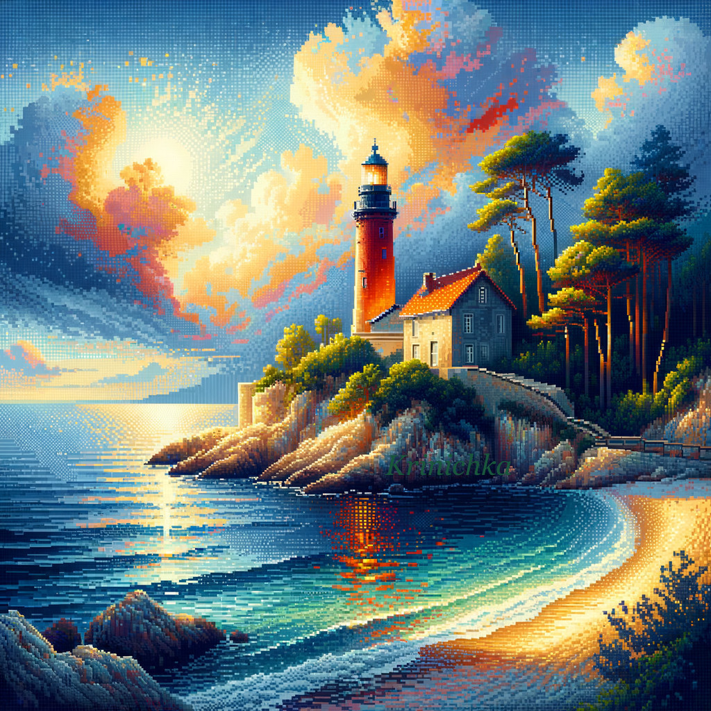 Coastal scene pixel art: red lighthouse, pine trees, calm sea, sunset sky