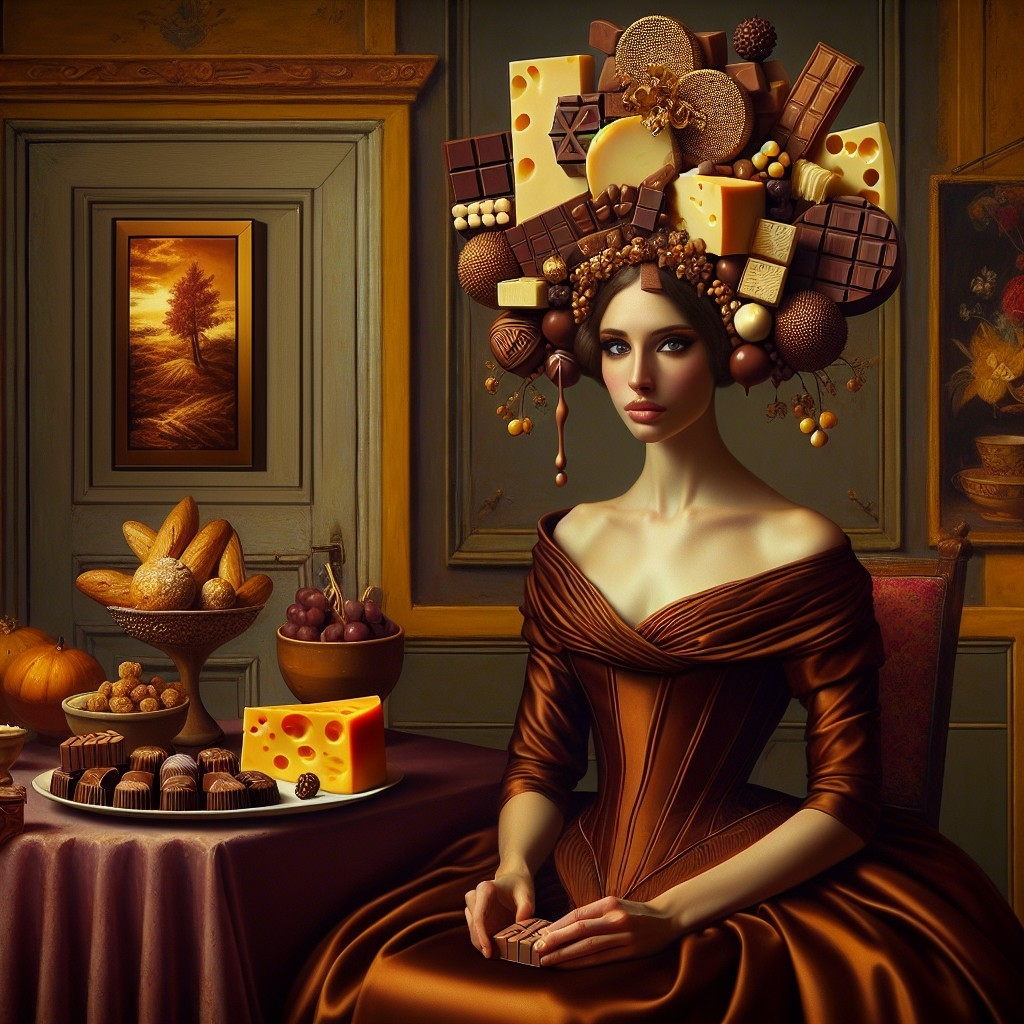 Elegant Woman in Chocolate-Brown Gown Surrounded by Sweets