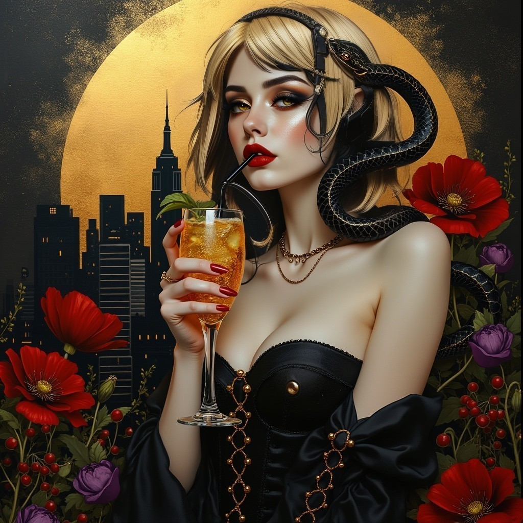 Glamorous Woman with Cocktail and City Skyline Backdrop