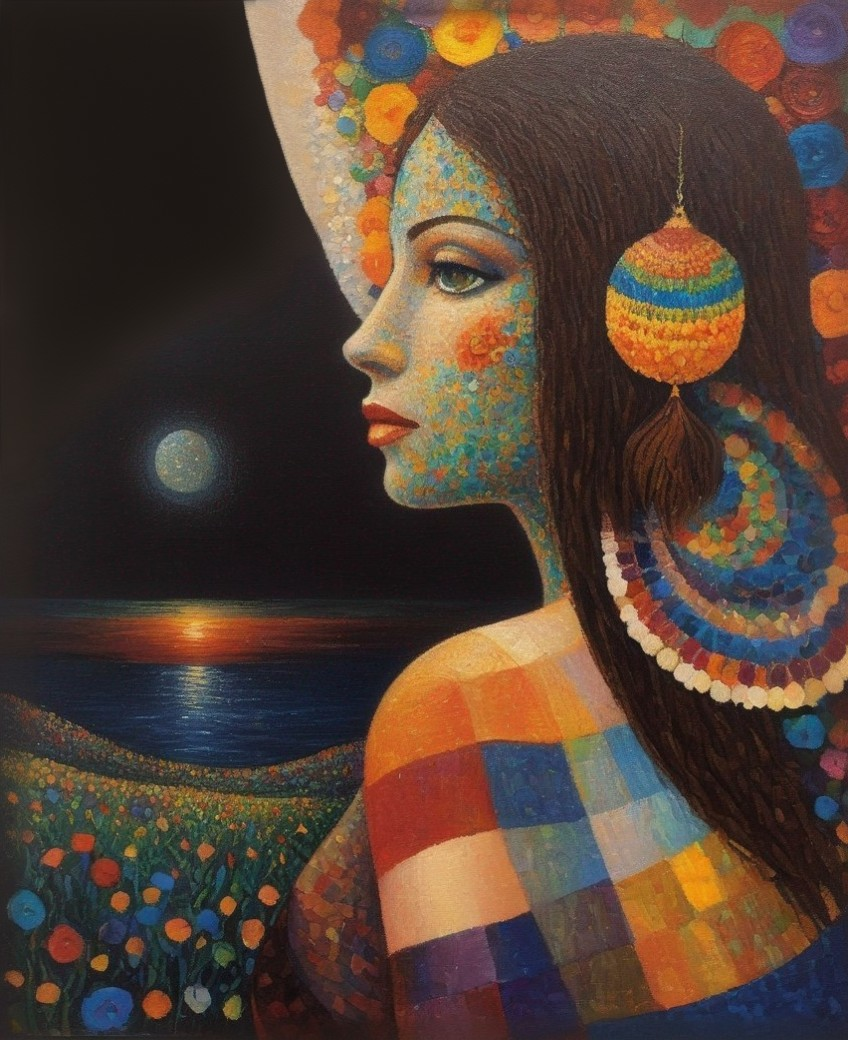 Colorful Portrait of a Woman by Moonlit Sea