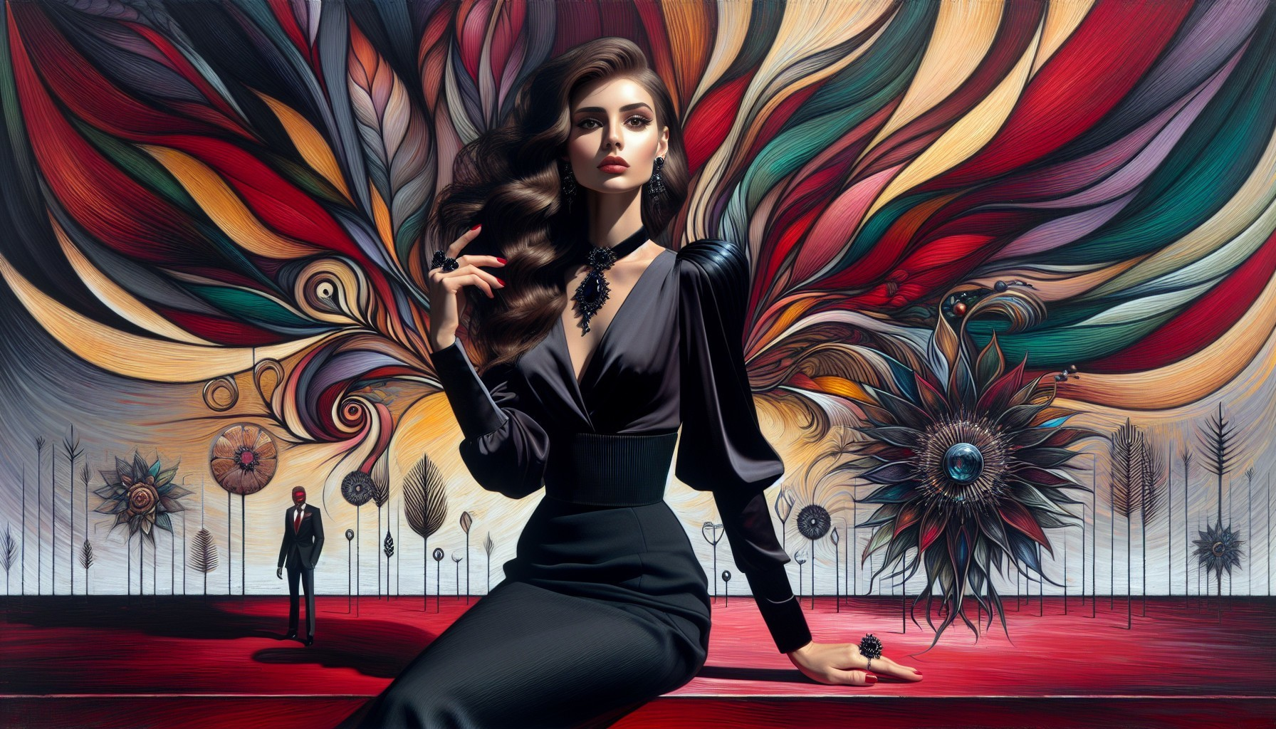 Glamorous Portrait of Woman in Black Dress and Feathers