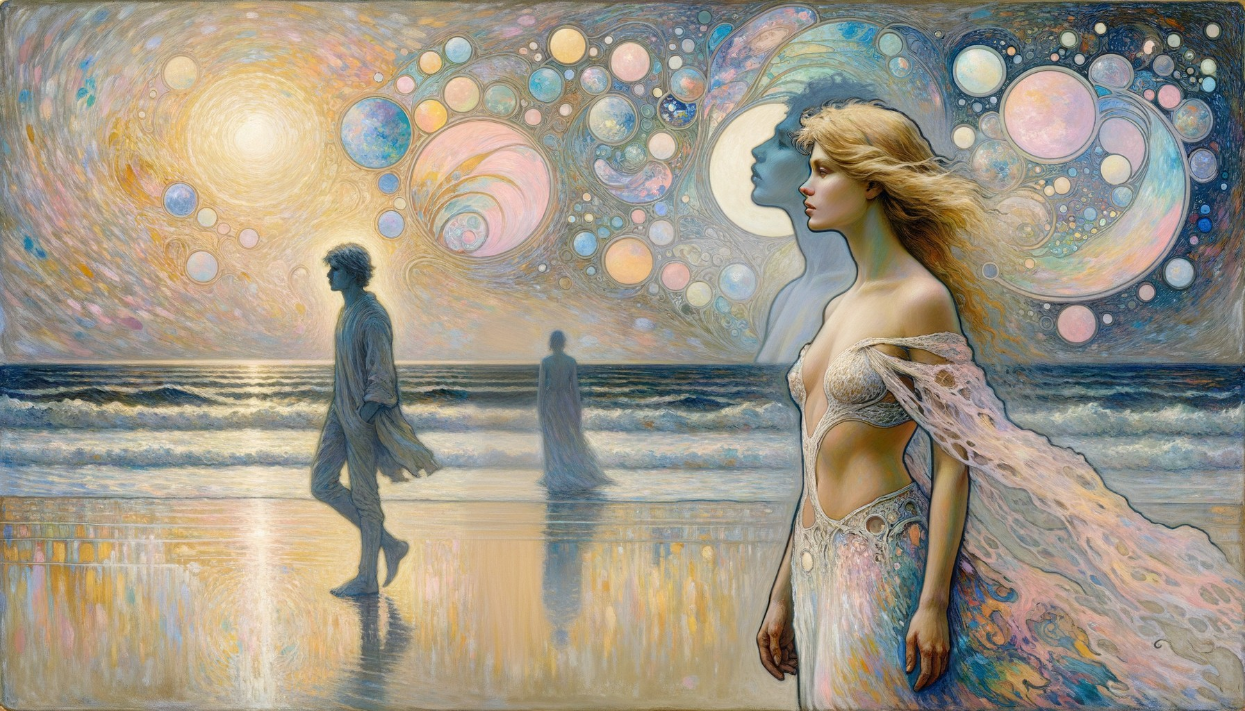 Dreamlike Beach Scene with Ethereal Figures and Cosmos