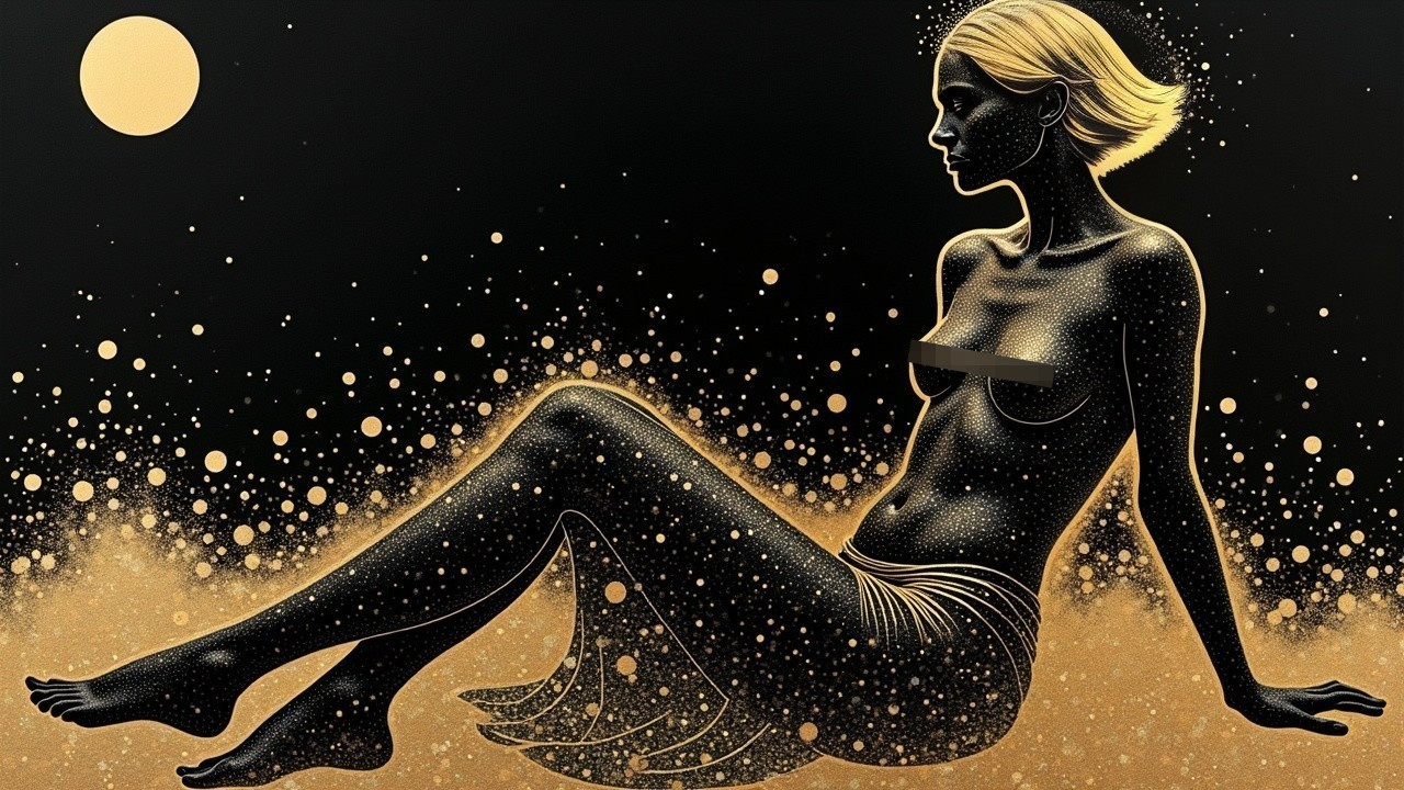 Silhouette of a Woman with Moon and Golden Dots