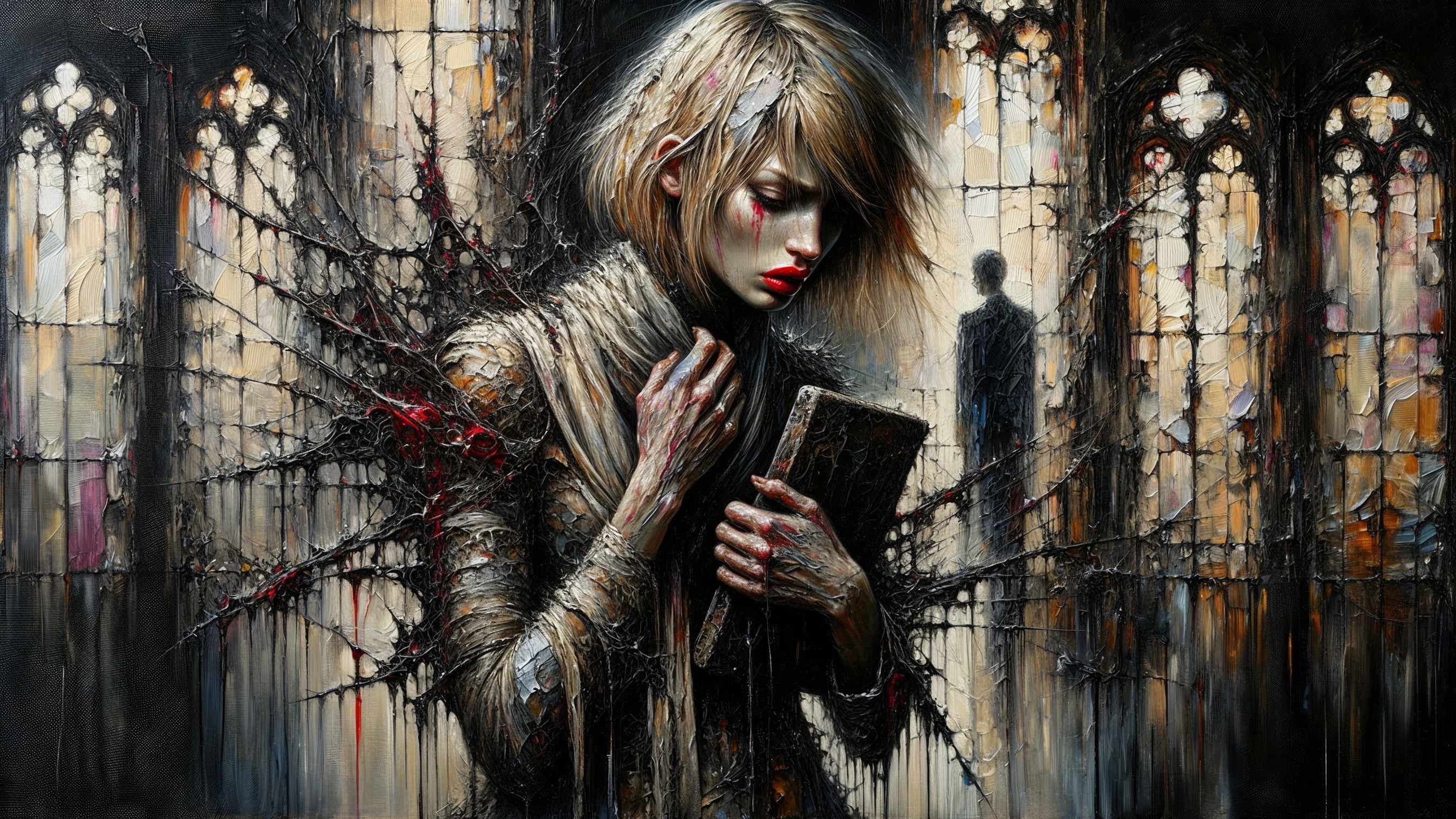 Haunting Figure in Gothic Space with Stained Glass