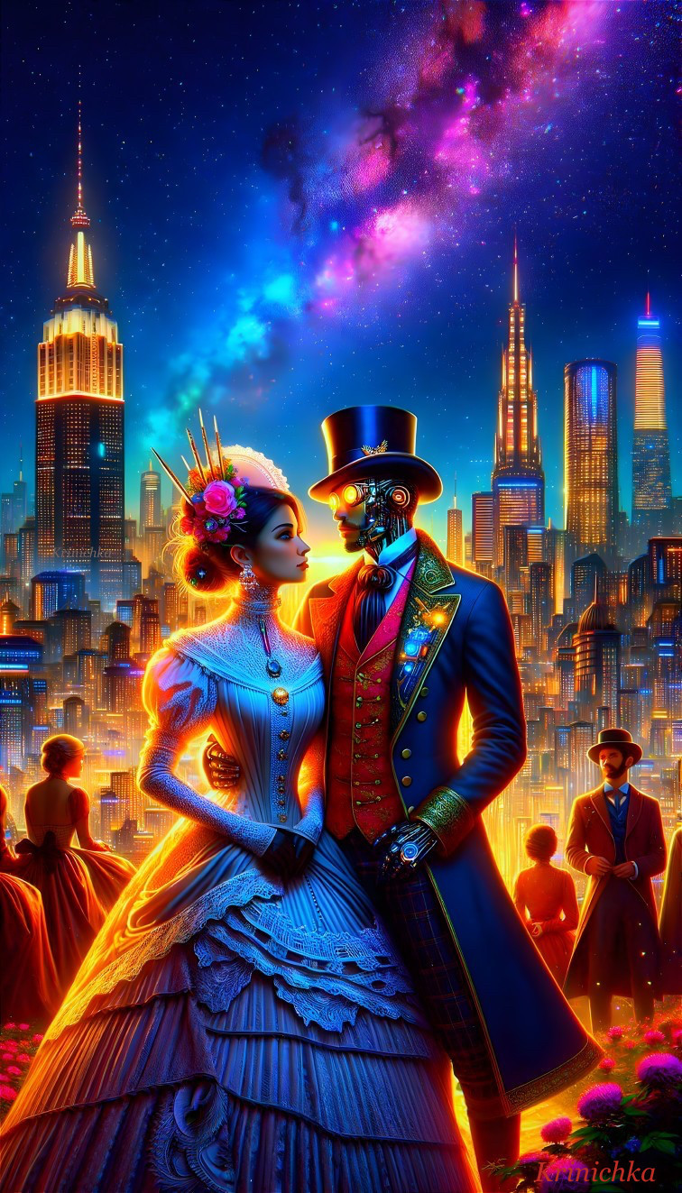 Vibrant Victorian couple in futuristic cityscape art