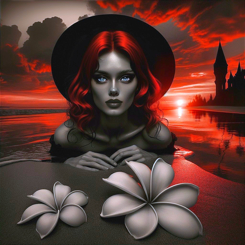 Woman with Red Hair and Black Hat at Sunset
