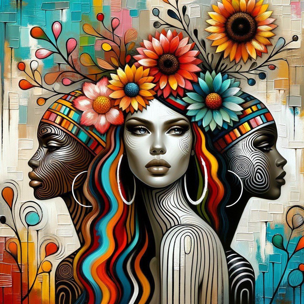 Stylized Female Figures with Colorful Floral Designs