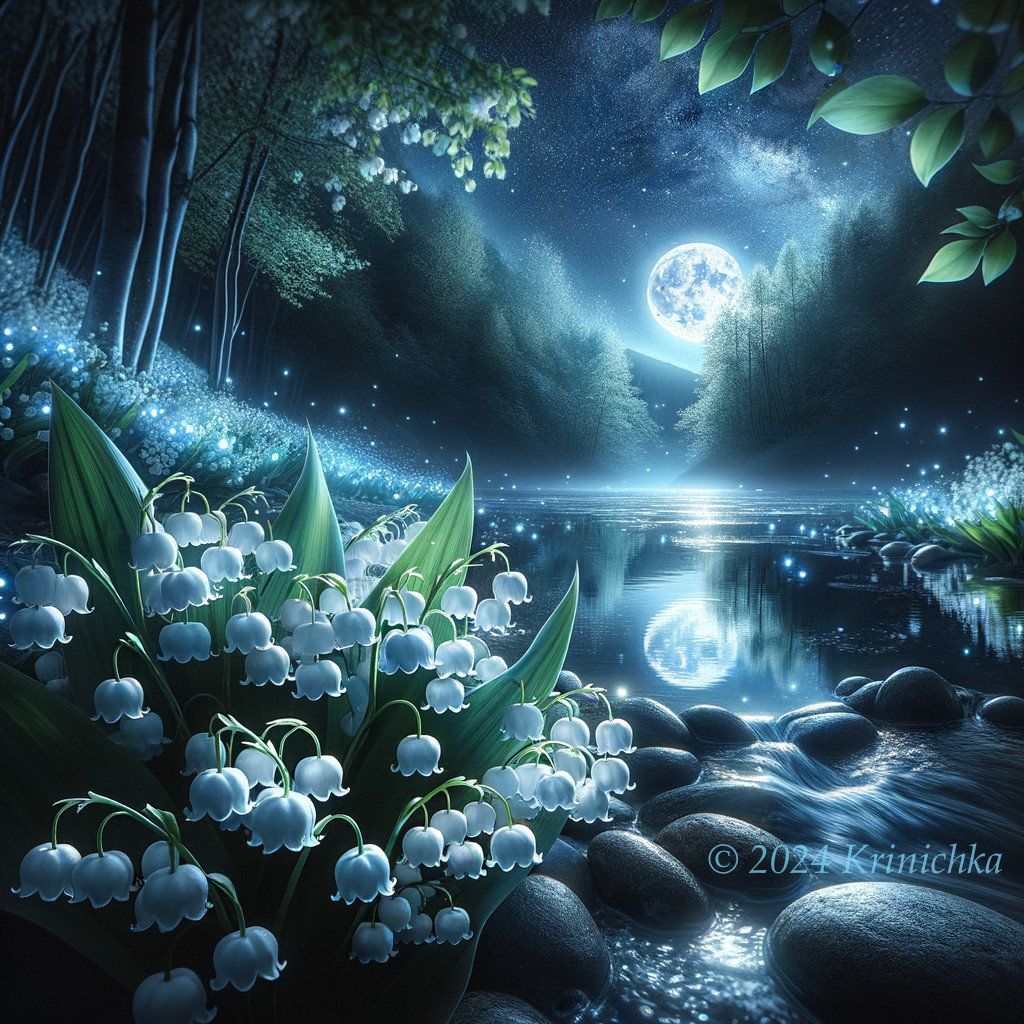 Enchanting Nighttime Forest with Glowing Moon and Lights