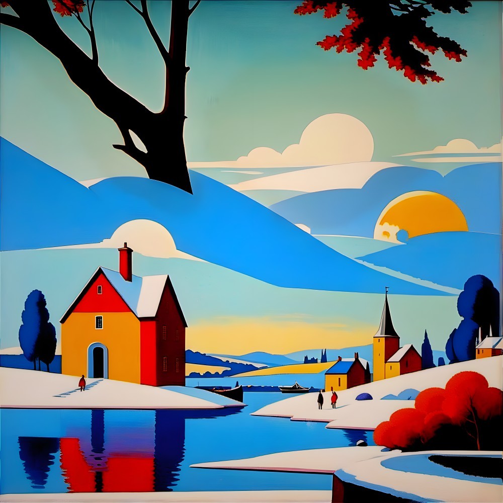 Winter landscape with red house, people, boats, trees, and church under blue sky.