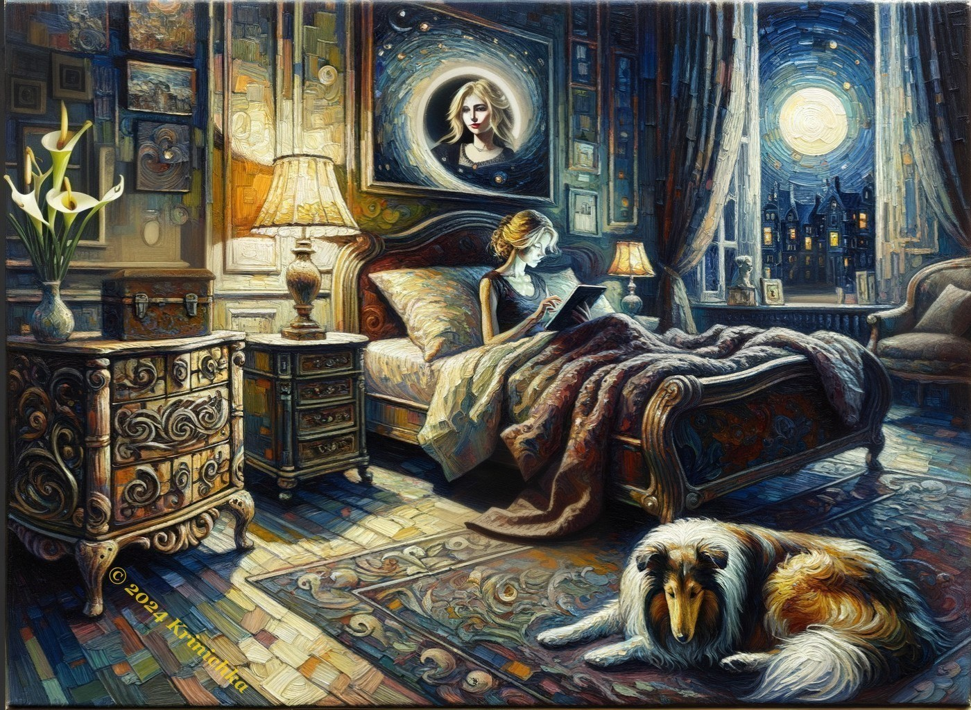 Cozy Bedroom Scene with Woman Reading and Dog