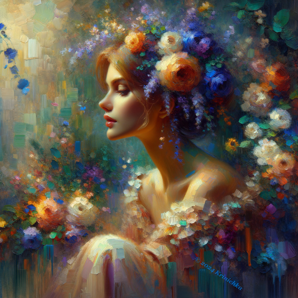Portrait of a woman with a floral crown and blossoms