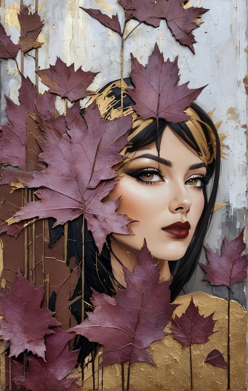 Striking Woman with Bold Makeup and Burgundy Leaves