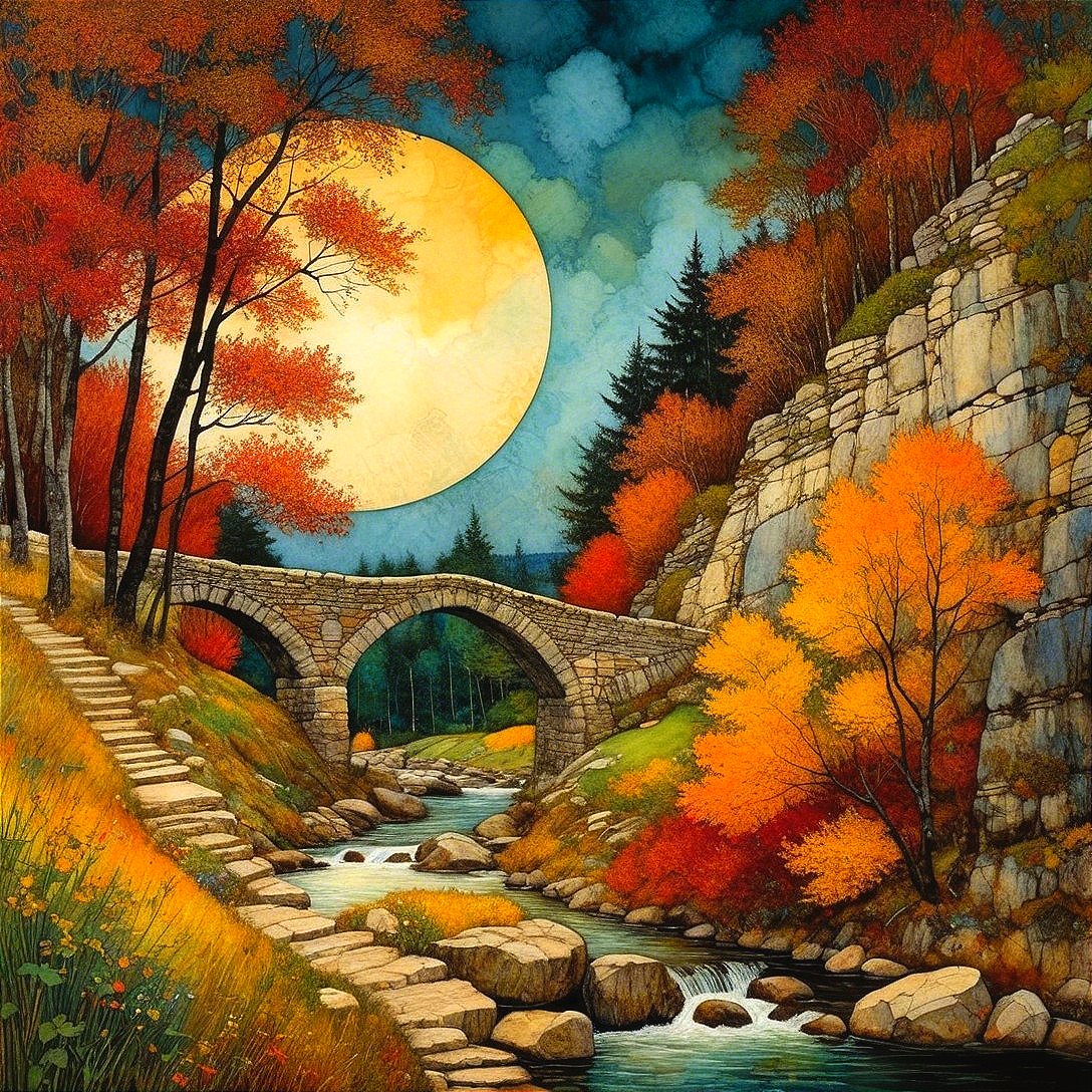 Serene Landscape with Stone Bridge and Autumn Trees