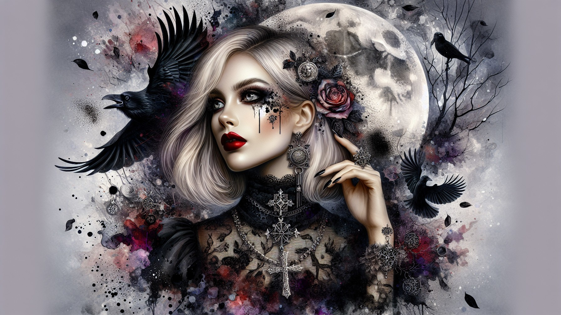 Gothic Woman with Silver Hair and Mystical Background