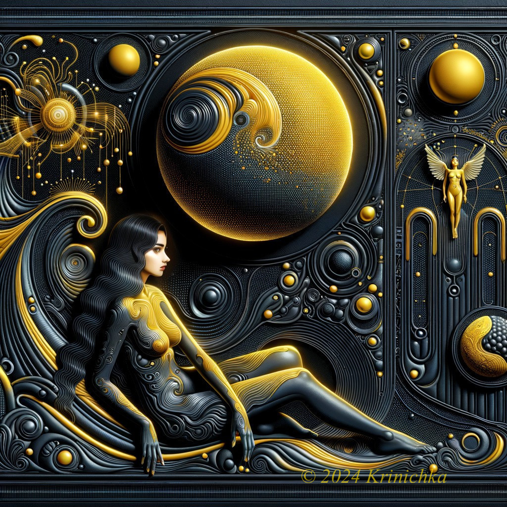 Intricate Artwork: Woman in Black with Celestial Motifs
