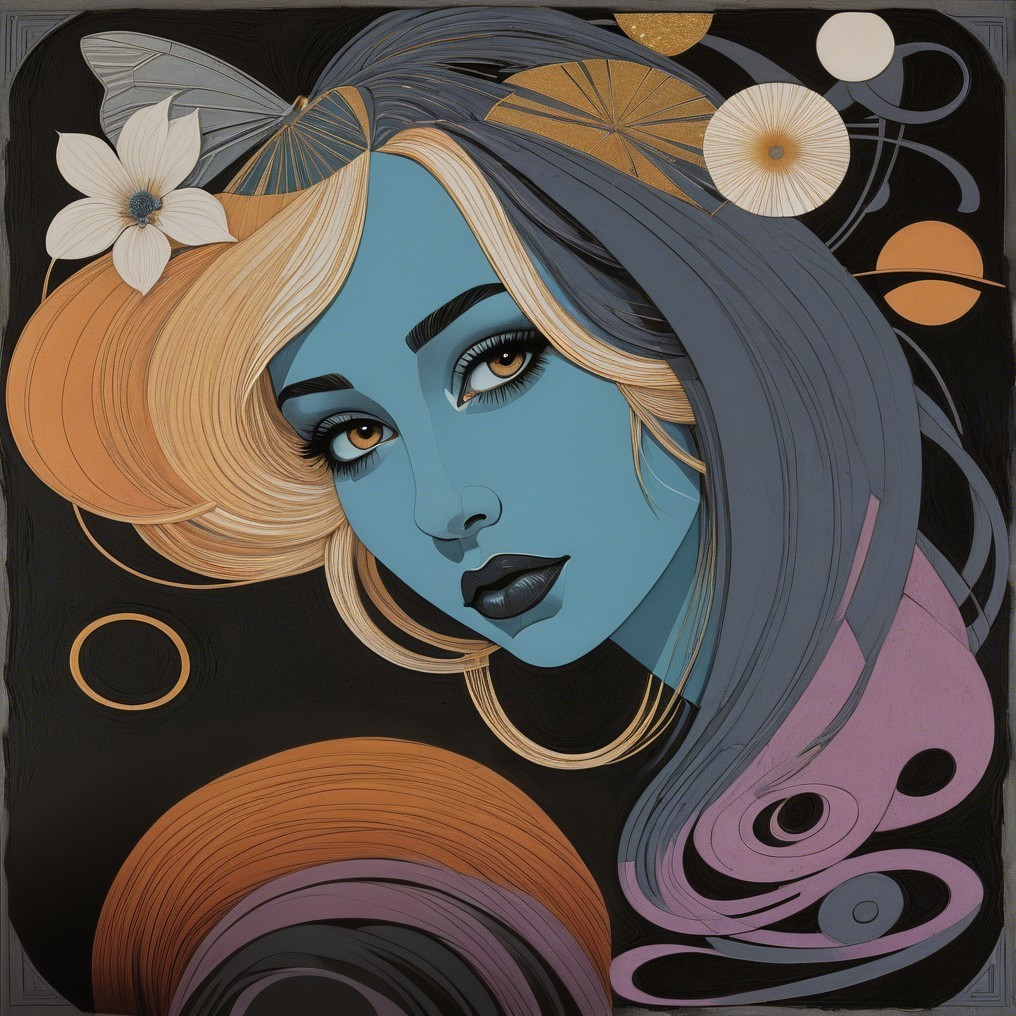 Stylized portrait of a woman with blue skin and hair