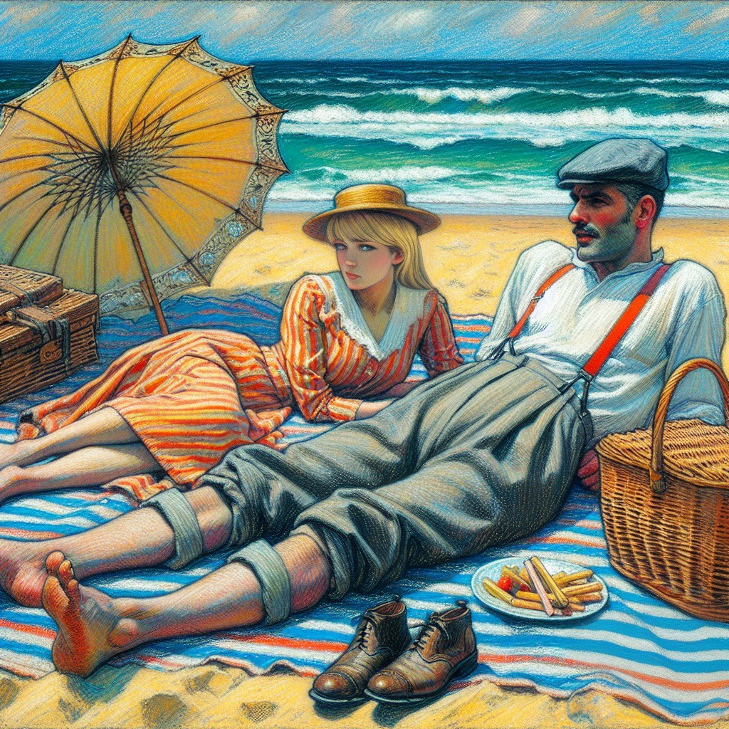 Couple Relaxing on Beach with Snacks and Waves