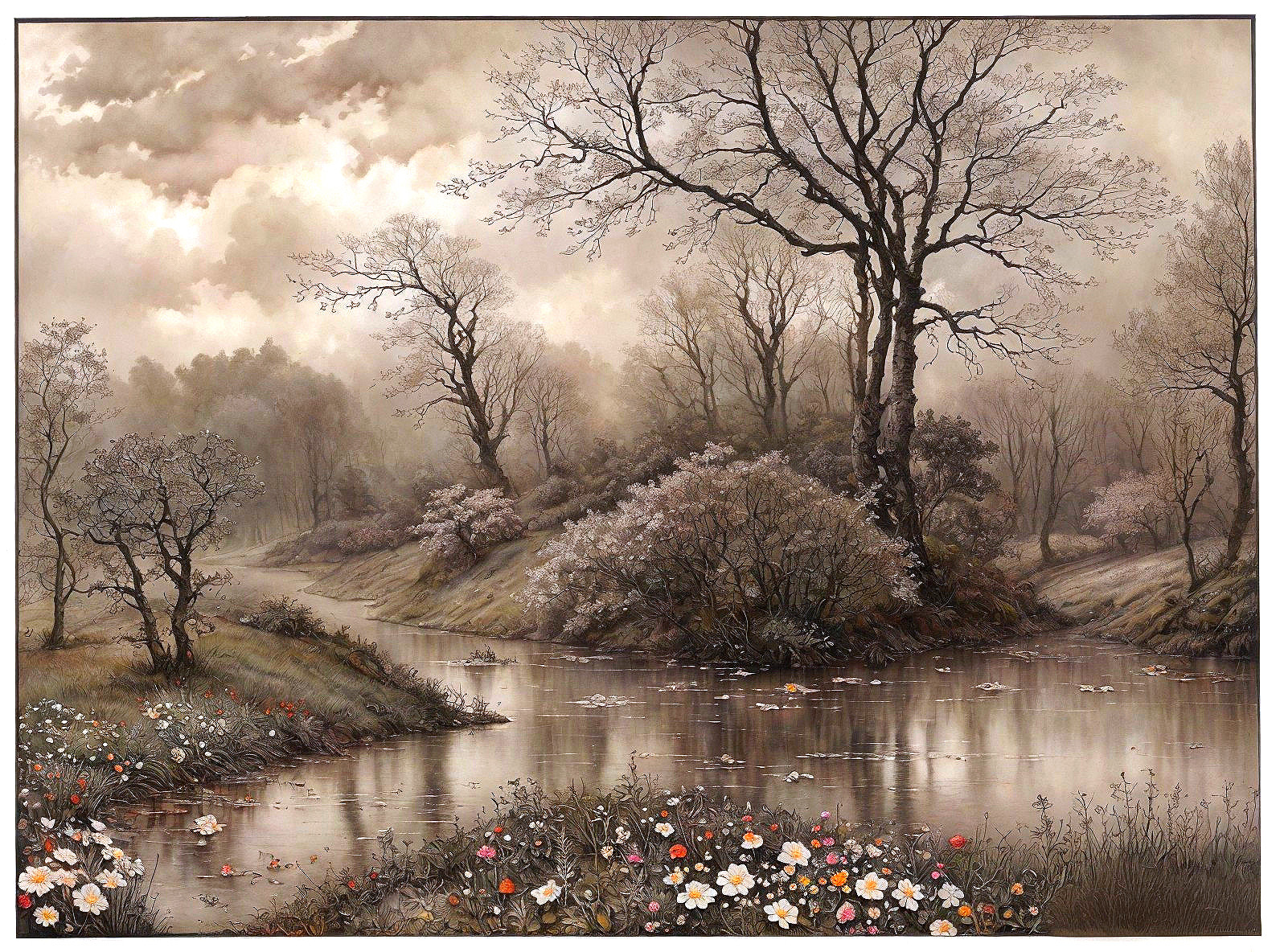 Serene Landscape with River and Blooming Trees