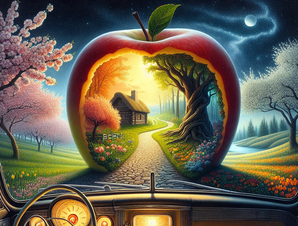 Surreal Landscape with Red Apple and Quaint Cabin