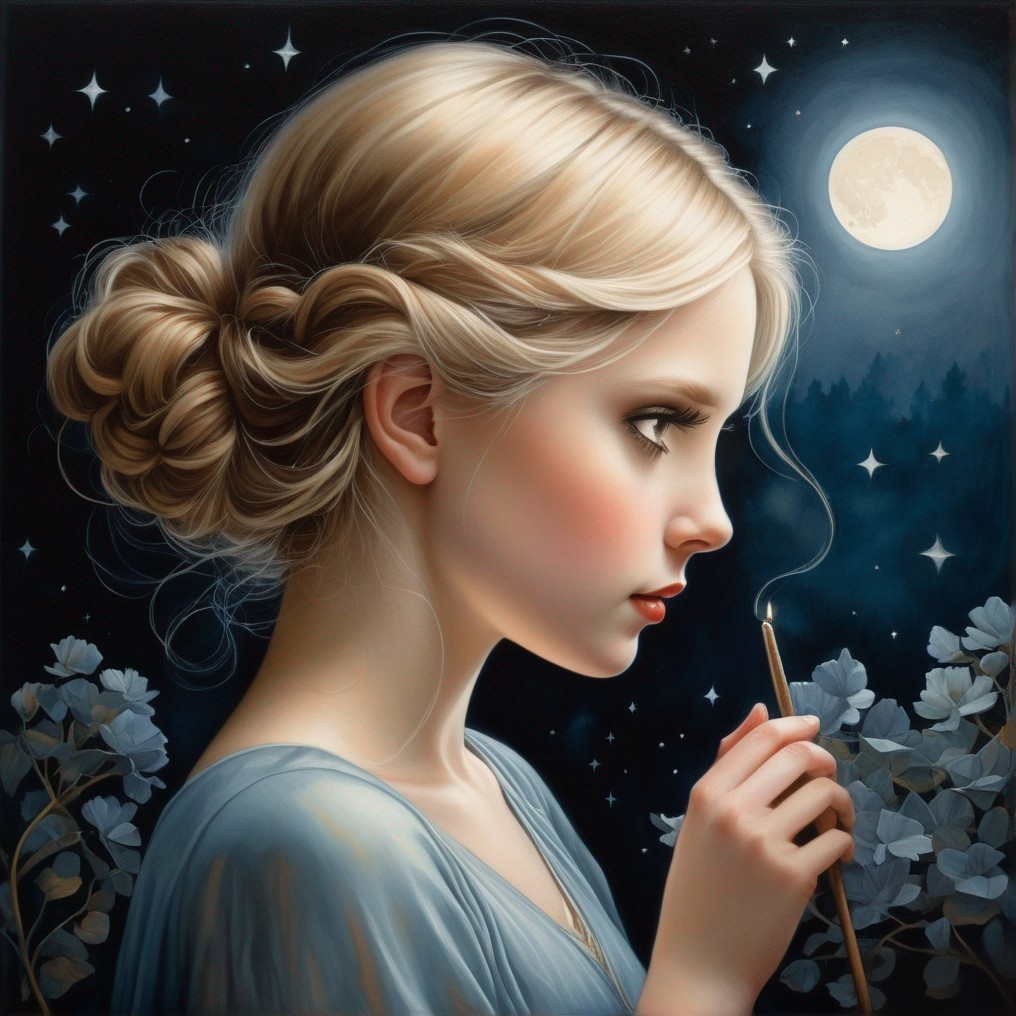 Braided hair woman painting under full moon