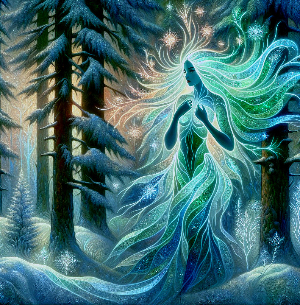 Mystical Figure in a Snowy Enchanted Forest