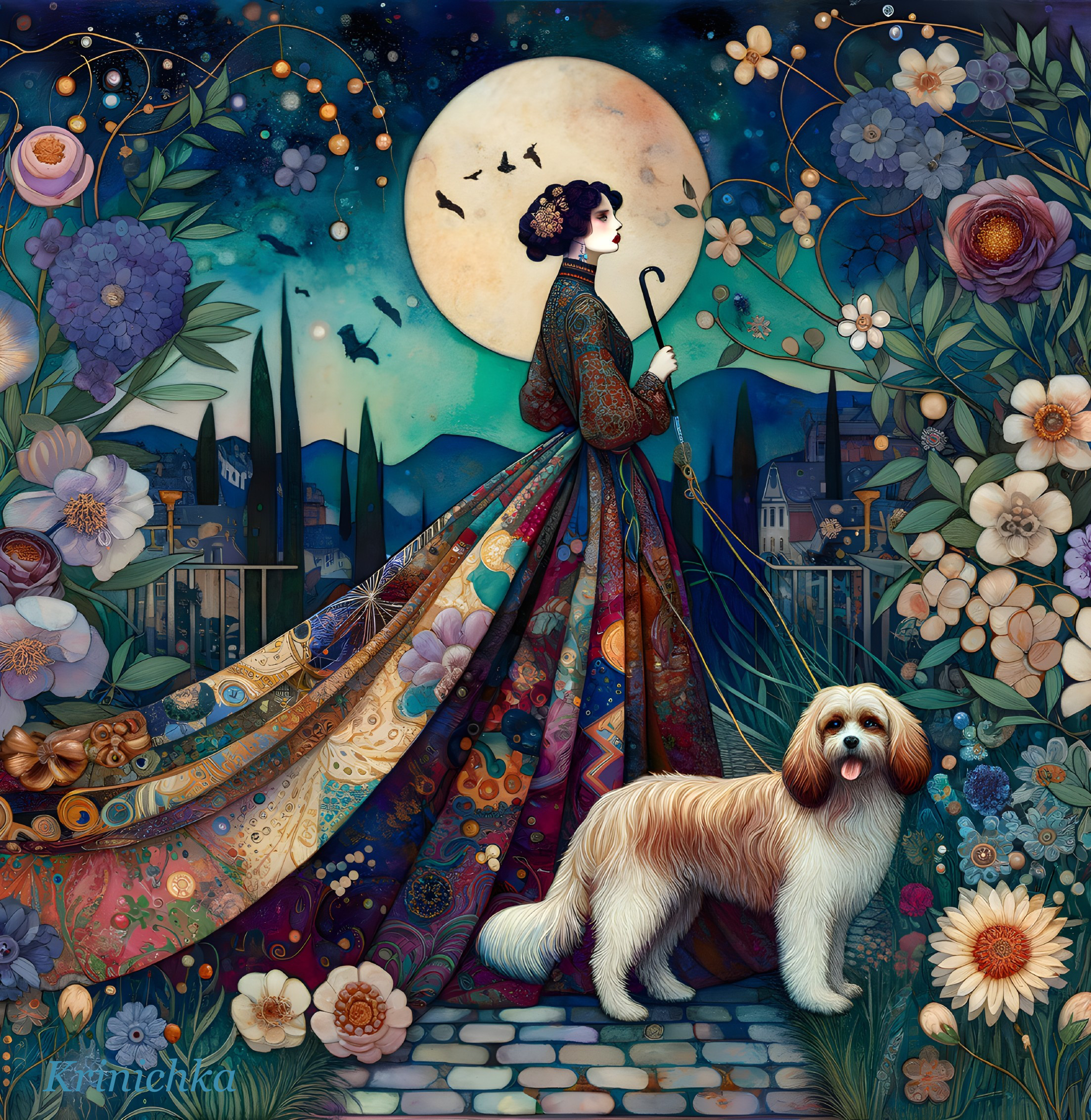 Woman in ornate dress with dog under full moon and vibrant flowers.