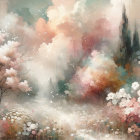 Tranquil landscape with winding path and blooming pink trees