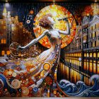 Abstract artwork: Woman in elegant dress with cityscape, Van Gogh-inspired starry night, wave