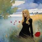 Blonde Woman in Black Among Red Poppies and Castle