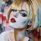 Portrait of a Woman with Blonde Bob and Bold Red Lips