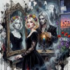 Surrealist digital painting of a woman before a mirror