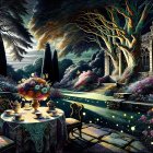 Tranquil garden scene with tea set, trees, flowers, and staircase