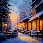 Snow-covered cafe with warm lighting and couple enjoying drink