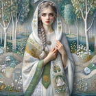 Young Woman in Elegant White Dress with Floral Shawl