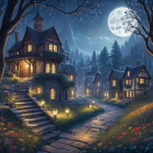 Fairy-tale Cottages Under Moonlight in Serene Night Scene