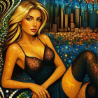 Glamorous Woman Against Starry Night City Skyline