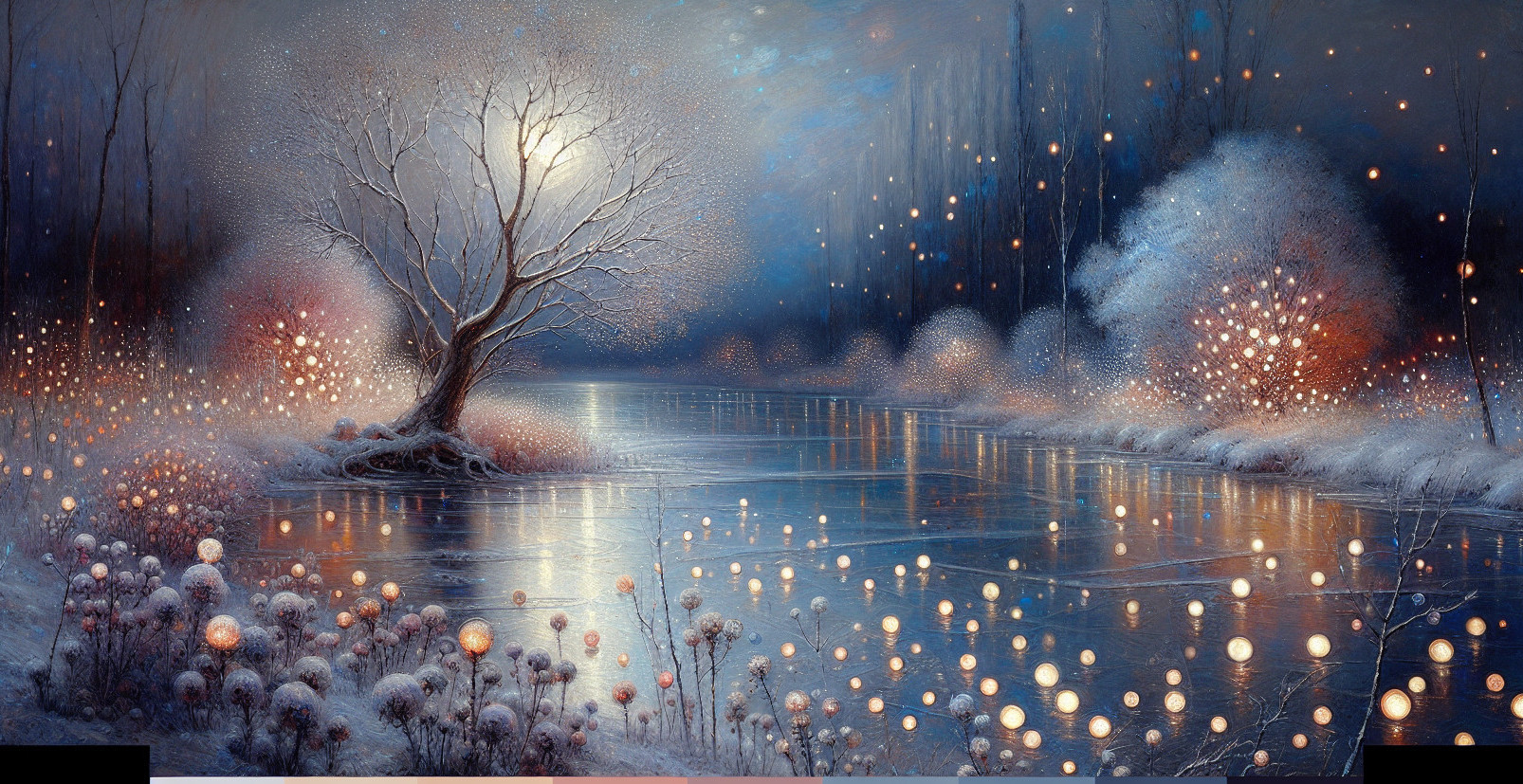 Serene Winter Landscape with Moonlit River and Trees