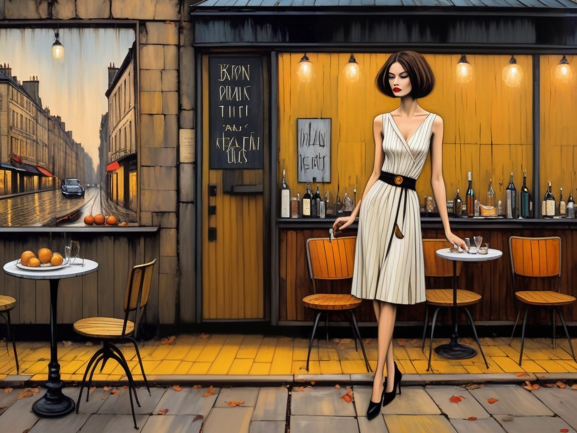 Chic Woman in White Dress at Parisian Café After Rain