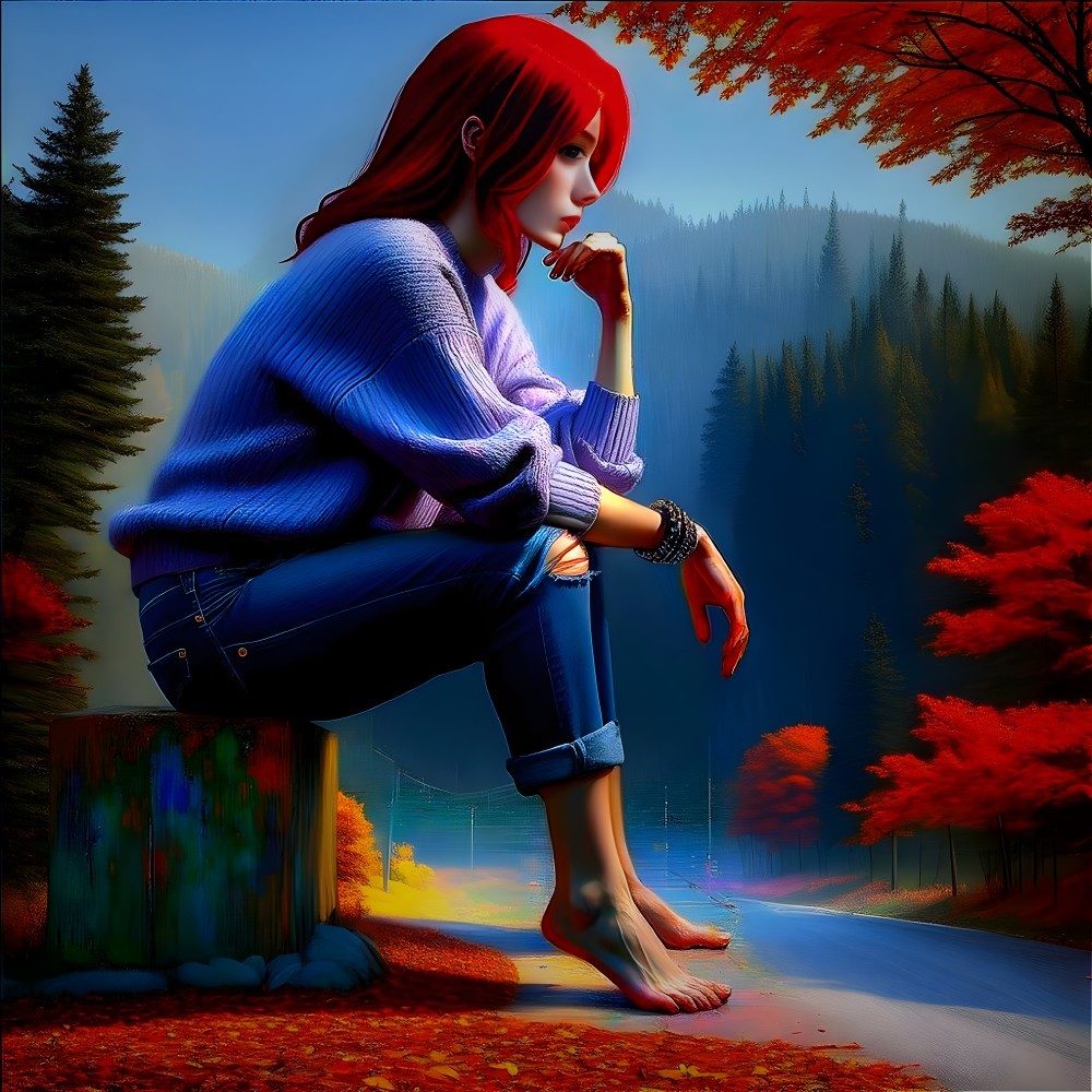 Digital art: Red-haired woman on stump by autumn road & blue sky