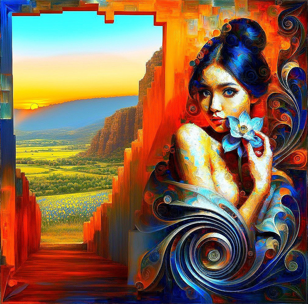 Abstract Portrait of Woman with Flower and Landscape