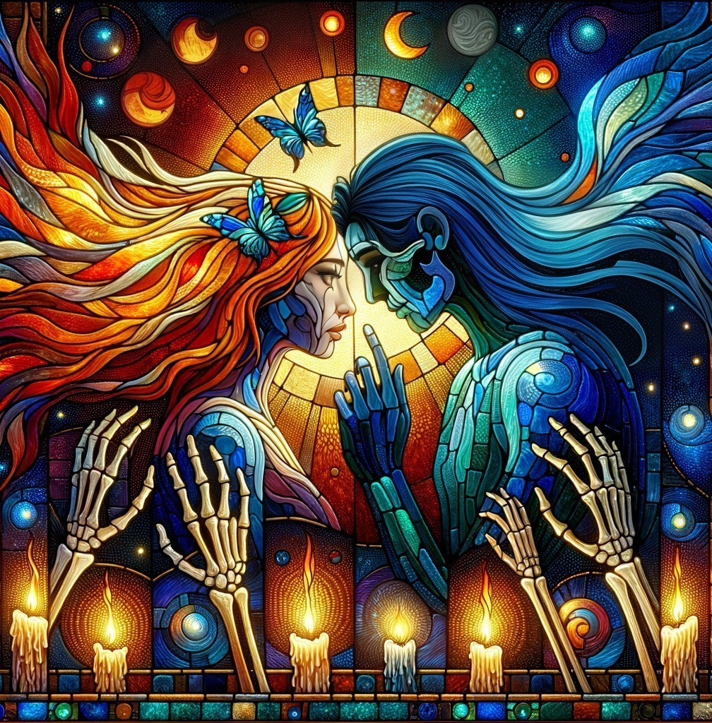 Ethereal Figures with Cosmic Background in Vibrant Artwork