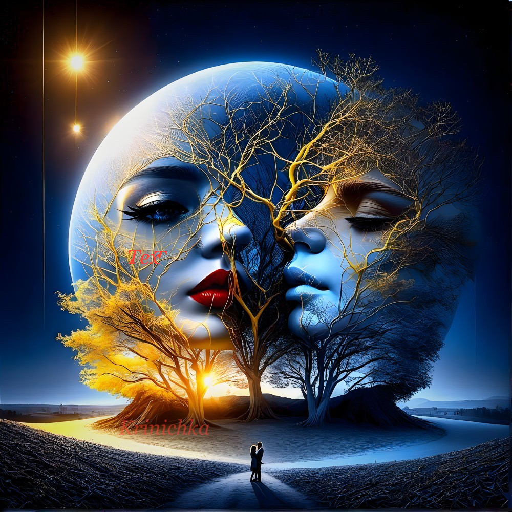 Surreal image: tree morphs into man and woman faces under night sky