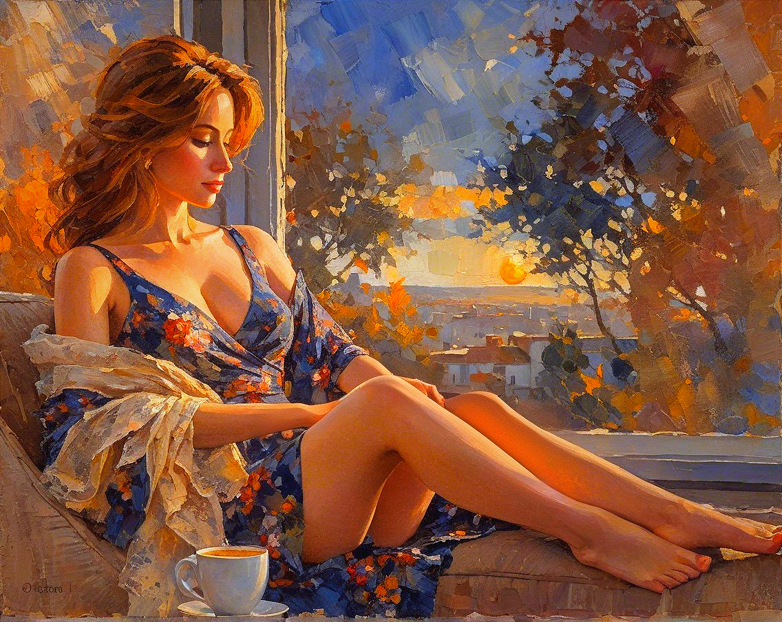 Woman in Floral Dress by Window at Sunset